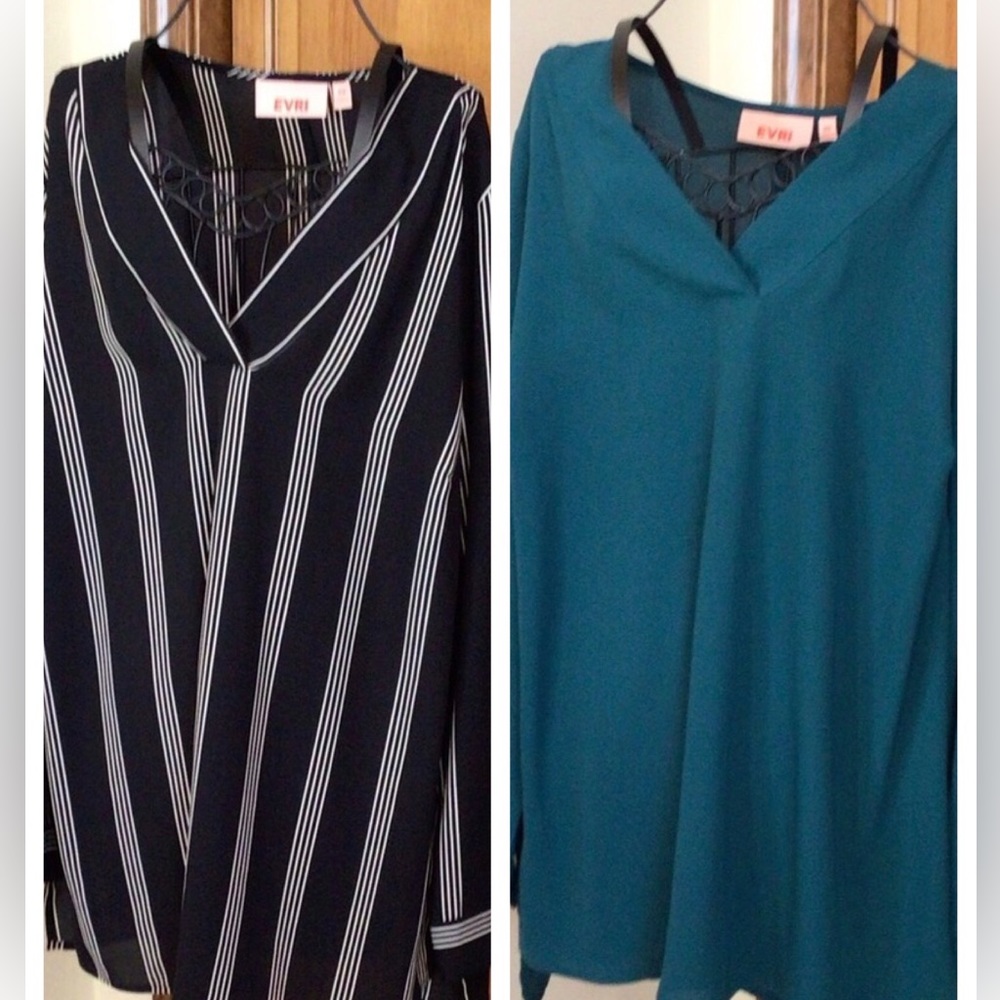 Evri X2 1 Emerald Green and 1 black/White Stripe long sleeve blouse size 0X - Picture 1 of 11